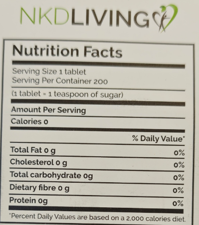 Nutrition facts label for a product by NKD Living