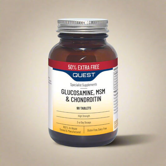 Quest Glucosamine MSM & Chondroitin 50% Xtra – 90 Tablets Front Label