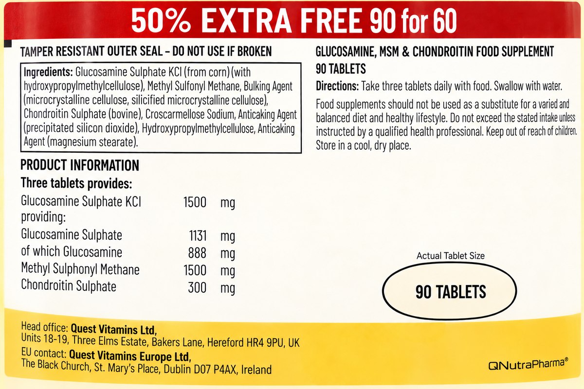 Quest Glucosamine MSM & Chondroitin 50% eXtra – 90 Tablets — complete readable product label