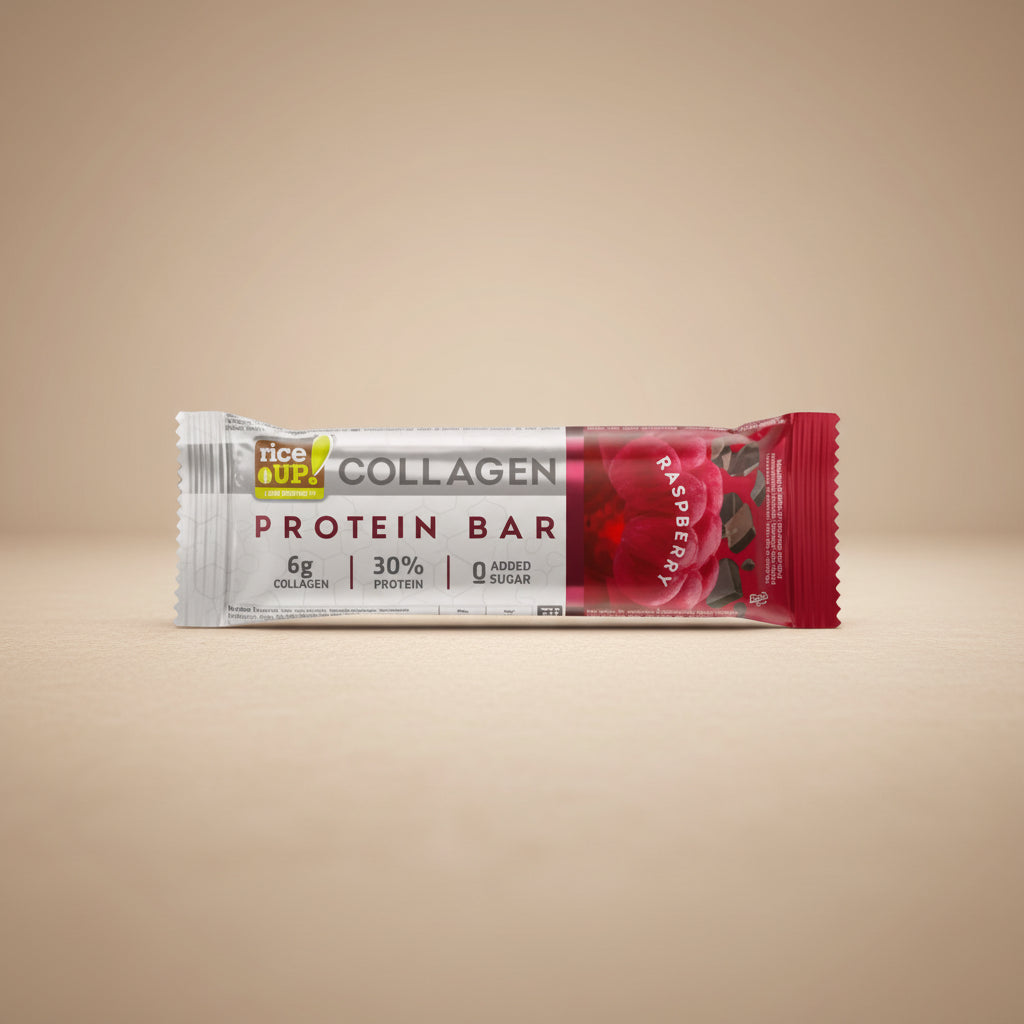 Collagen protein bar with red and white packaging on a white background