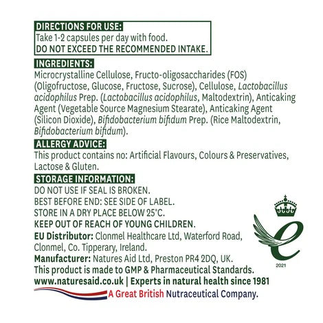 Natures Aid Probiotic Complex with Bifidus & FOS – 60 Capsules