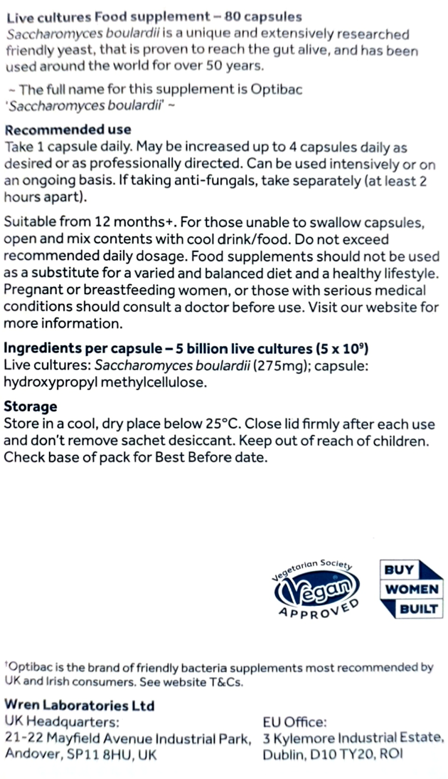 A product information card for Saccharomyces bouladouri live cultures food supplement by Wren Laboratories Ltd. The card features a white background with black text detailing the 80 capsules, recommended dosage, storage instructions, and a blue 'Fergen Approved' logo in the center.