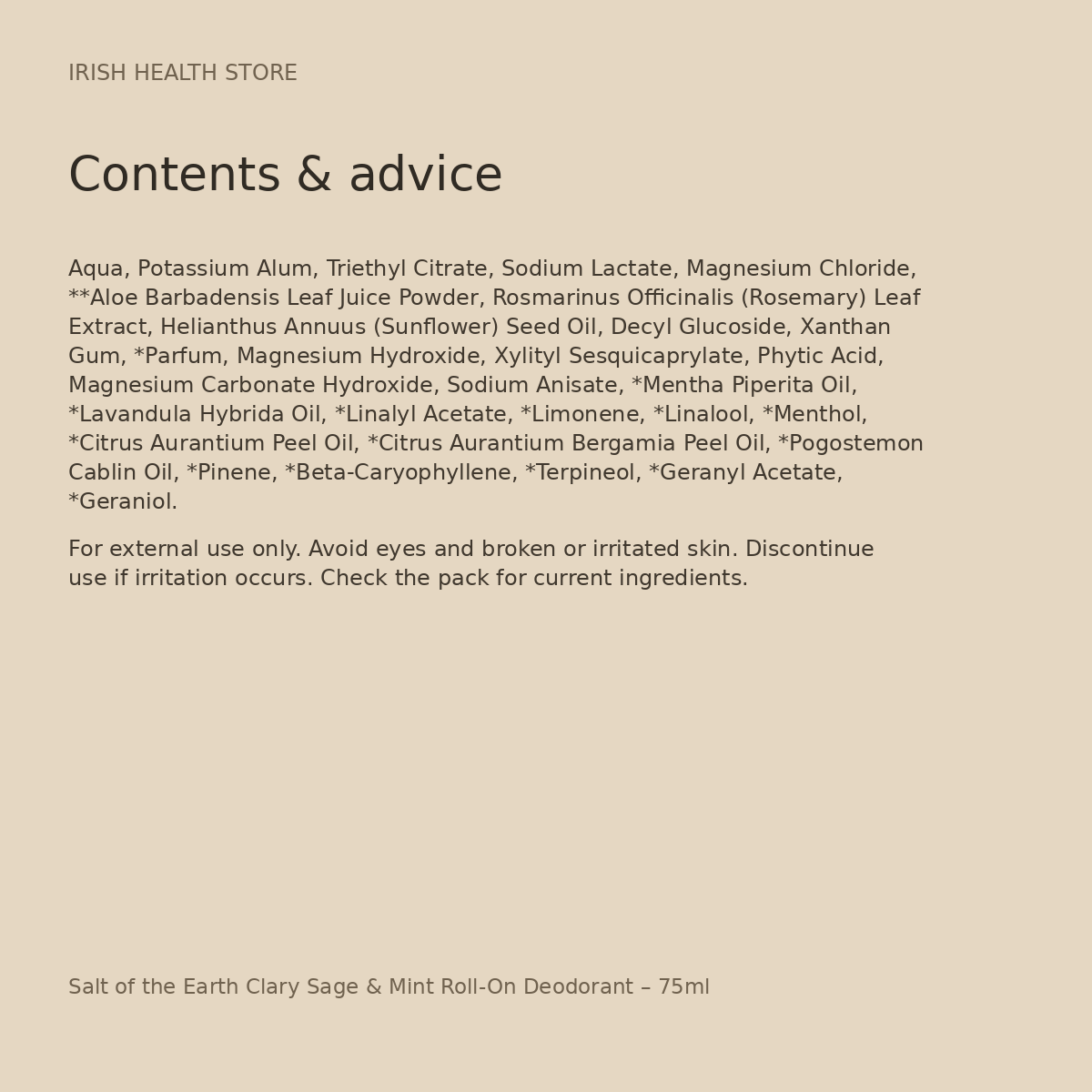 Salt of the Earth Clary Sage & Mint Roll-On Deodorant – 75ml ingredients and advice
