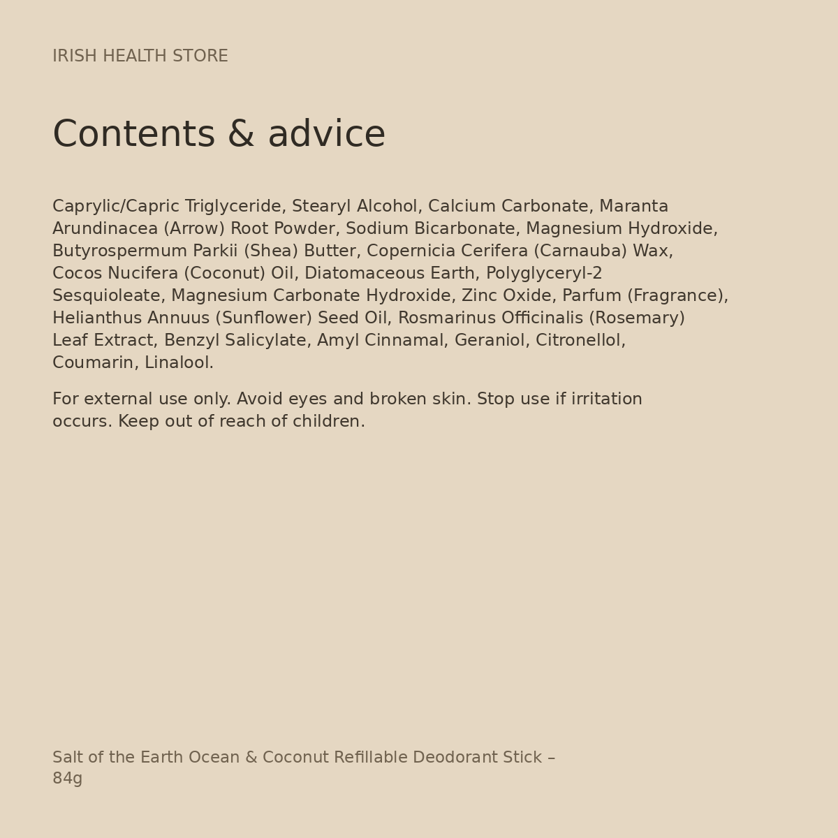 Salt of the Earth Ocean & Coconut Refillable Deodorant Stick – 84g ingredients and advice