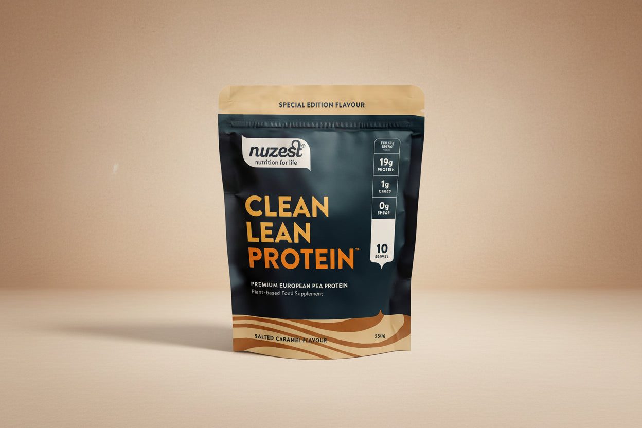 Front view of Salted Caramel Clean Lean Protein 250g pack, limited edition plant-based protein.