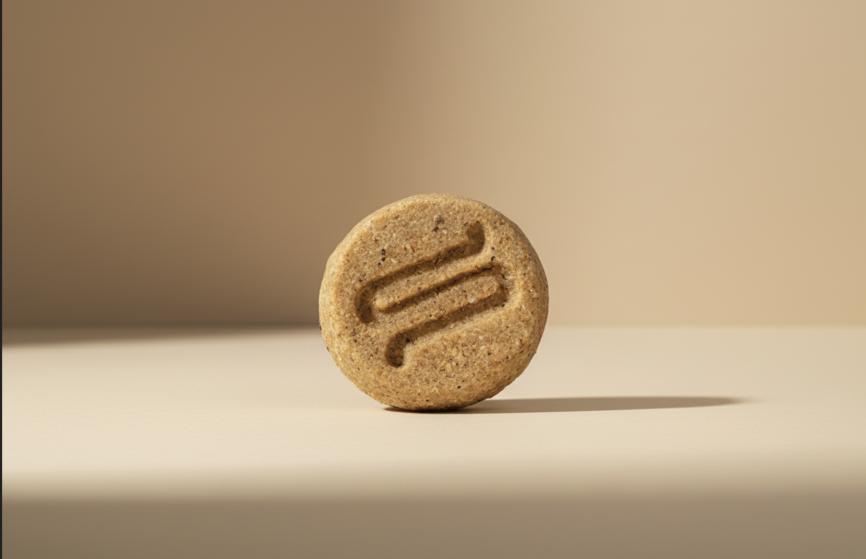 A single round, textured beige tablet or capsule standing upright on a light surface against a warm beige background.