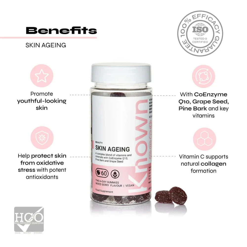 "Known Skin Gummies VEGAN bottle highlighting
