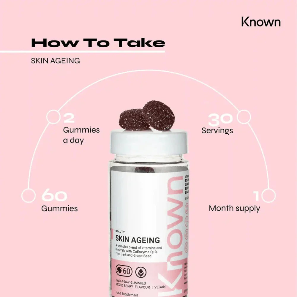 "Diagram showing how to take Known Skin Gummies VEGAN, including dosage and daily intake recommendations."