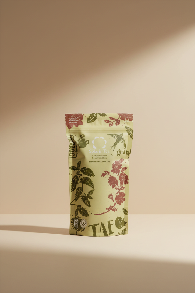 Solaris Tea TAE Free Compostable Packaging pouch, featuring a cream-colored background with green tea plant illustrations and red floral designs.