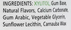 A text-only ingredient list on a white background, listing Xylitol, Gum Base, Natural Flavors, Calcium Carbonate, Gum Arabic, Vegetable Glycerin, Sunflower Lecithin, and Carnauba Wax.
