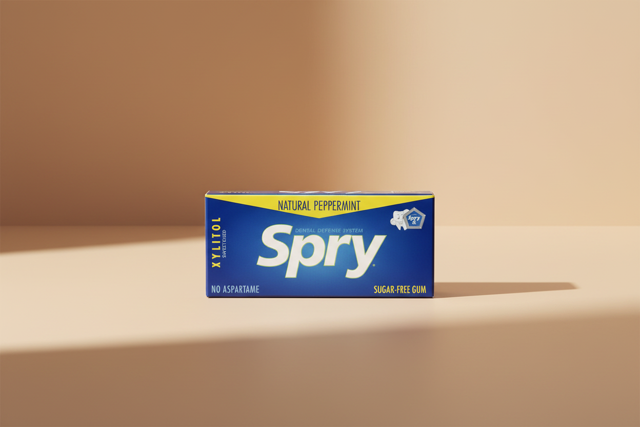 A box of Spry Natural Peppermint sugar-free gum, featuring a blue and yellow design with the brand name 'Spry' in large white letters.
