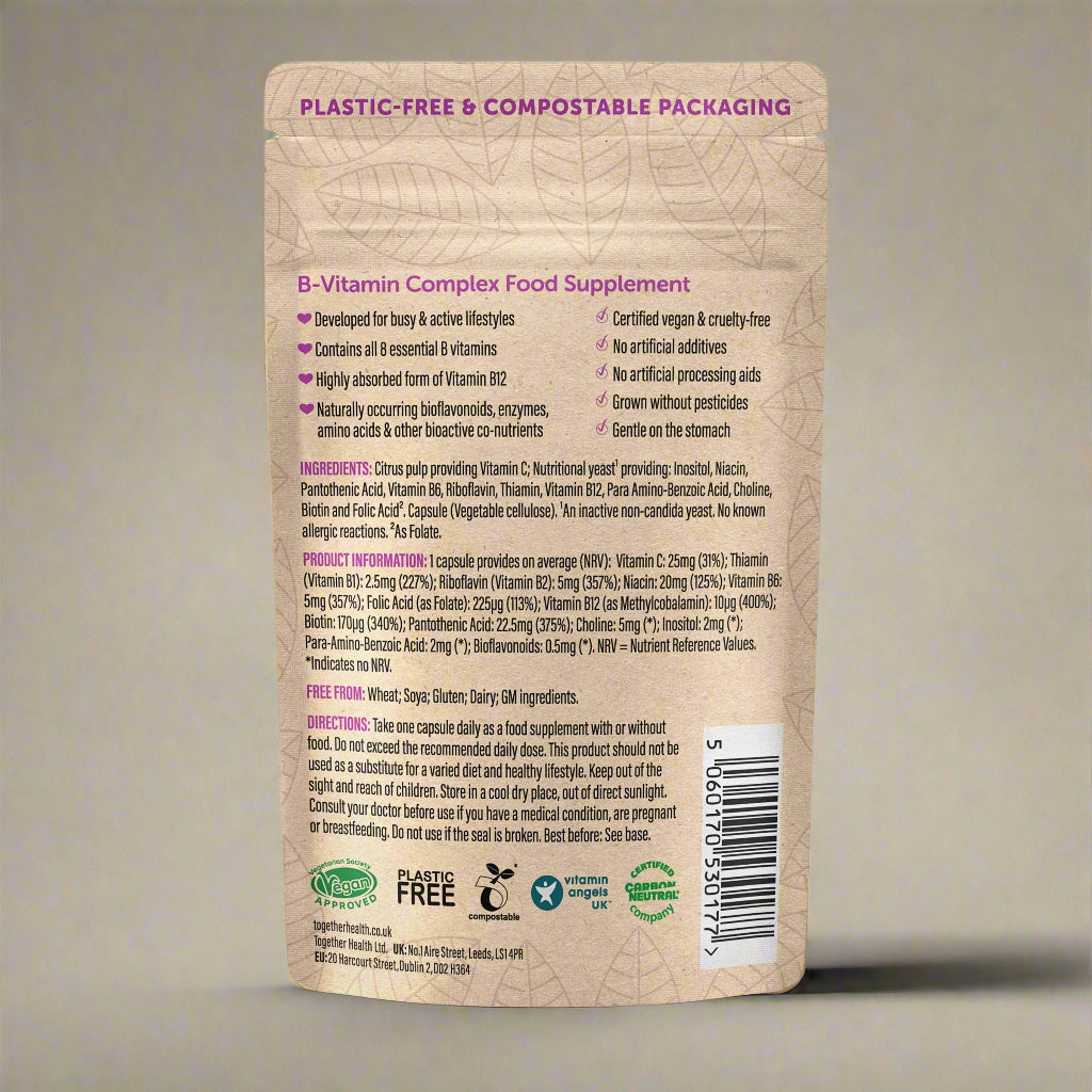 Back label of Together Health B-Vitamin Complex showing supplement facts