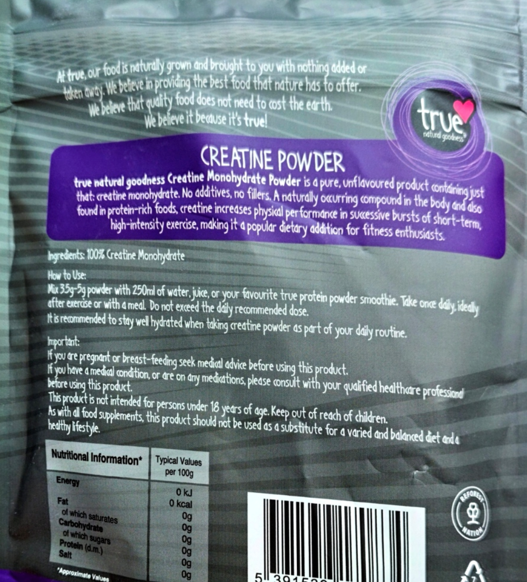 True Natural Goodness Creatine Powder 250g container clean product image neutral background