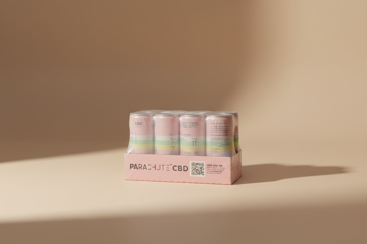 A shrink-wrapped bulk pack of four pink cylindrical CBD tincture bottles in a cardboard tray, with the brand name PARACHJUTE CBD visible on the front and bottle labels.