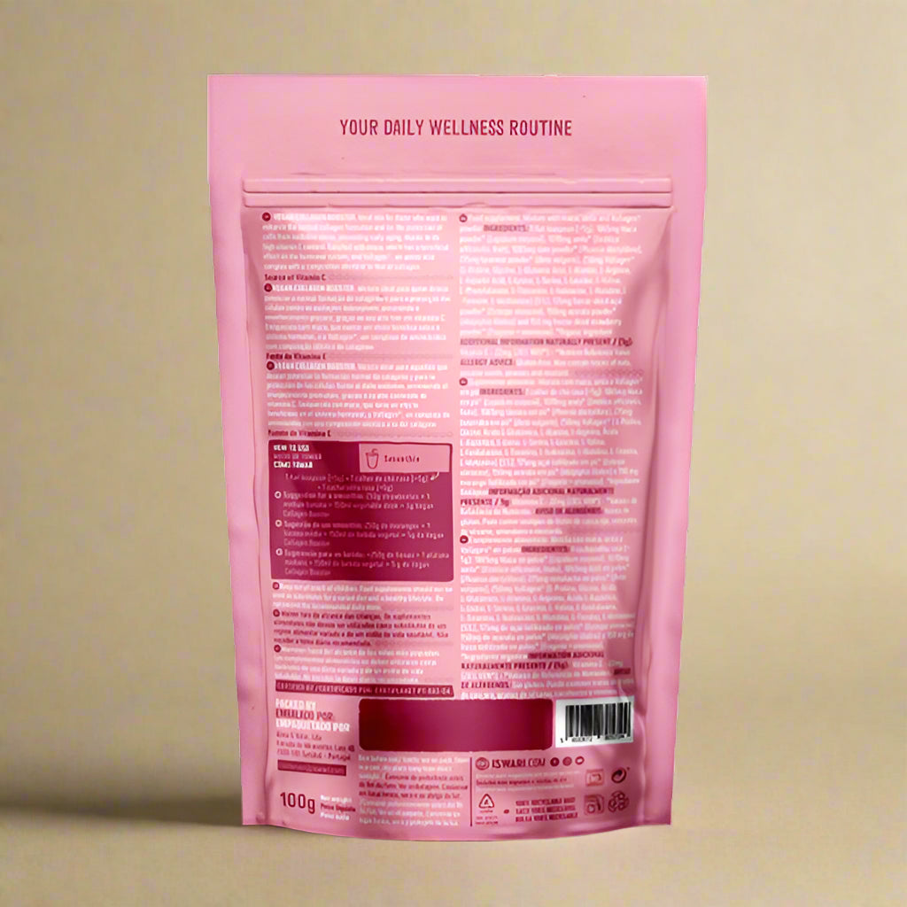Pink protein powder package with nutritional information on a white background