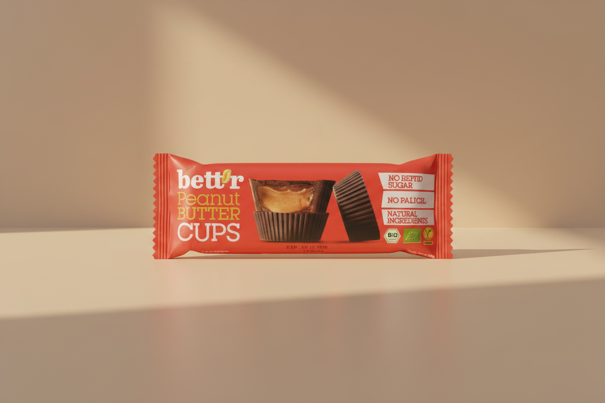 A red wrapper for a 'better cups' Peanut Butter candy bar, displayed on a light wood surface. The packaging features a black chocolate cup graphic and white and yellow text.