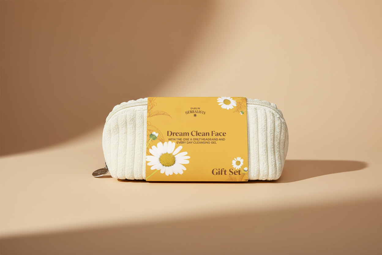 Durlin Herbalists Dream Clean Face Gift Set in a cream-colored ribbed pouch with a yellow paper label featuring daisy illustrations.