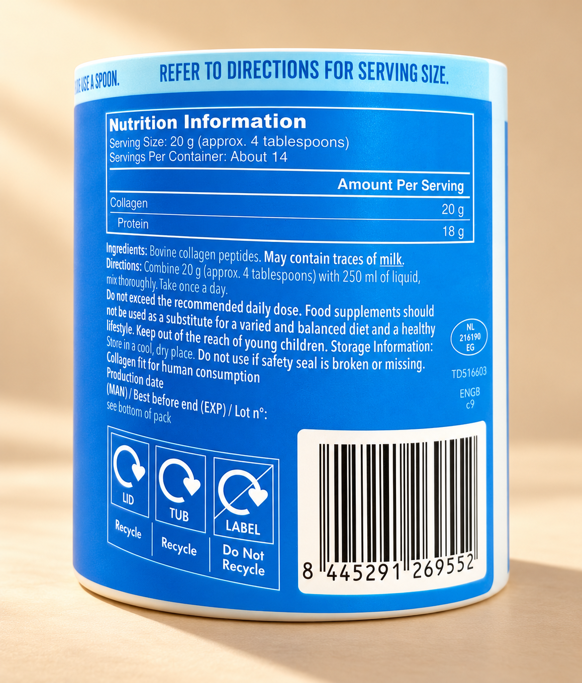 Vital Proteins Collagen Peptides 284g nutrition, ingredients and directions on a premium warm beige studio background