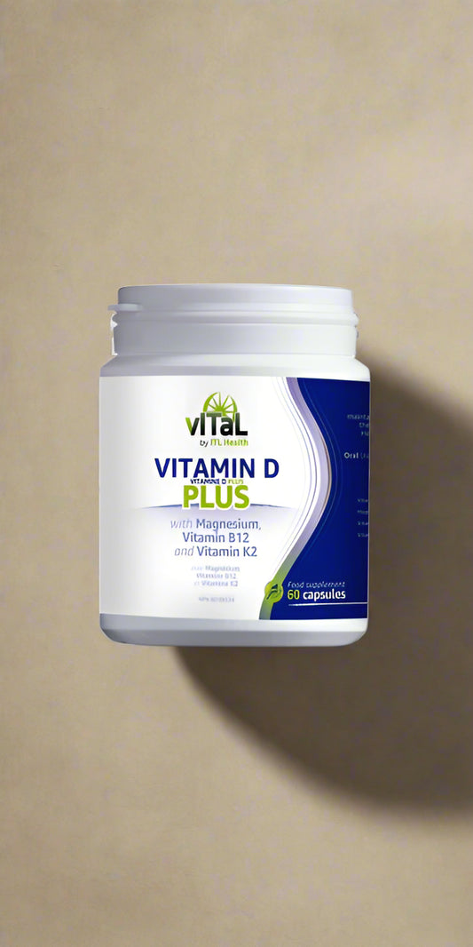 vITaL Vitamin D Plus with Magnesium, B12 & K2 – 60 Capsules Front Label