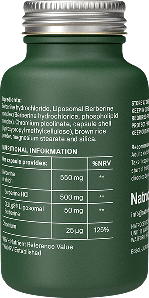 Key ingredients of Natroceutics Berberine Complex – liposomal berberine, chromium picolinate, and a vegan-friendly formula.