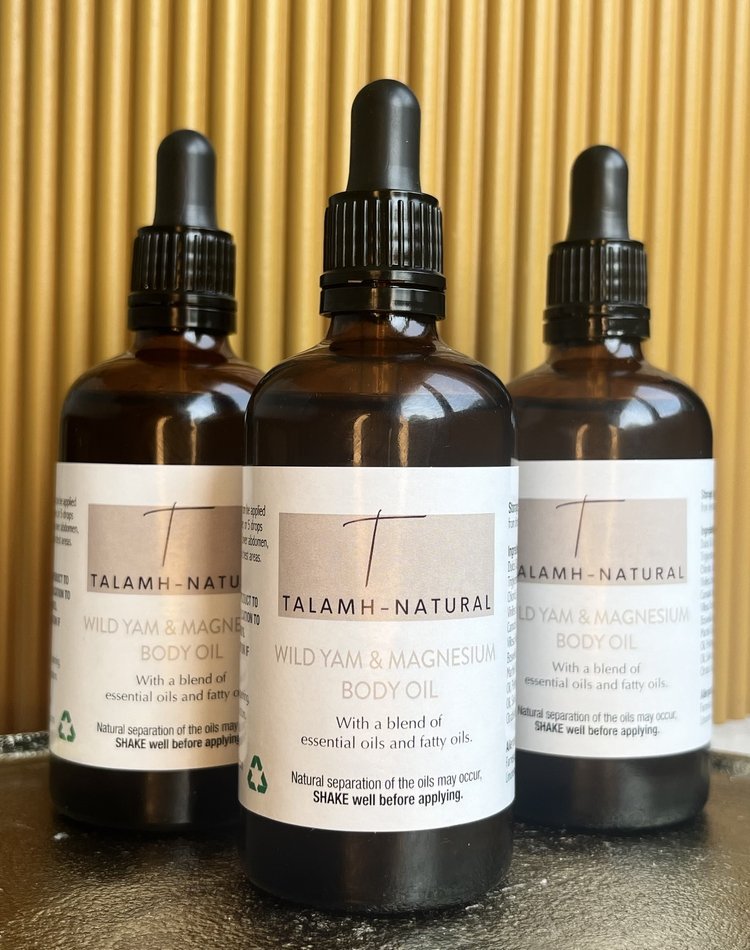 "Talamh Natural Wild Yam & Magnesium Body Oil front view, 100ml bottle with a blend of natural botanical oils."