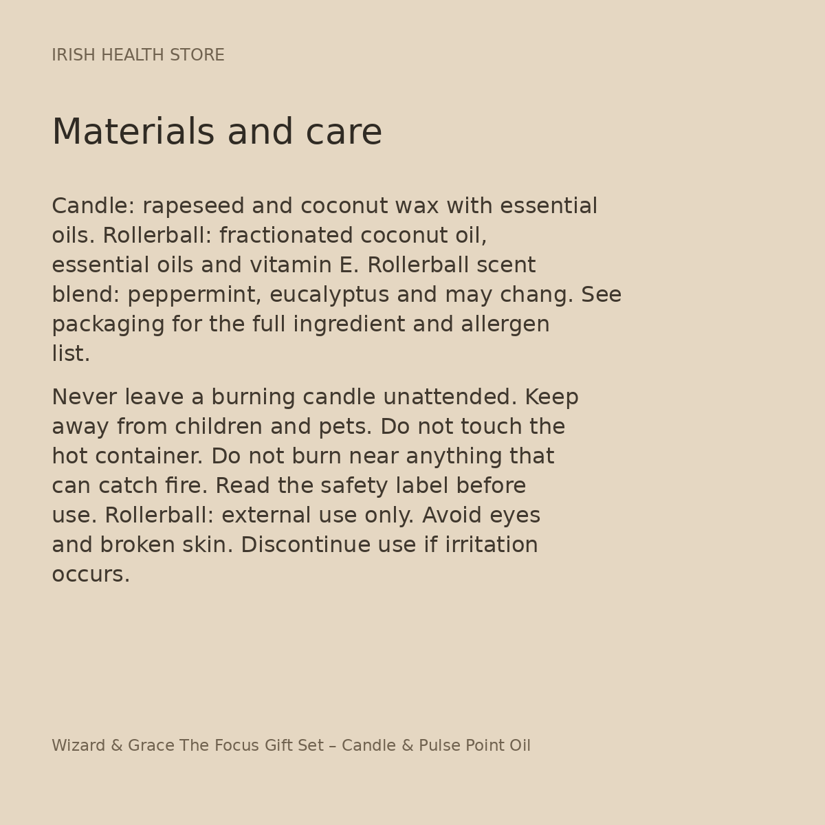 Wizard & Grace The Focus Gift Set – Candle & Pulse Point Oil materials and care