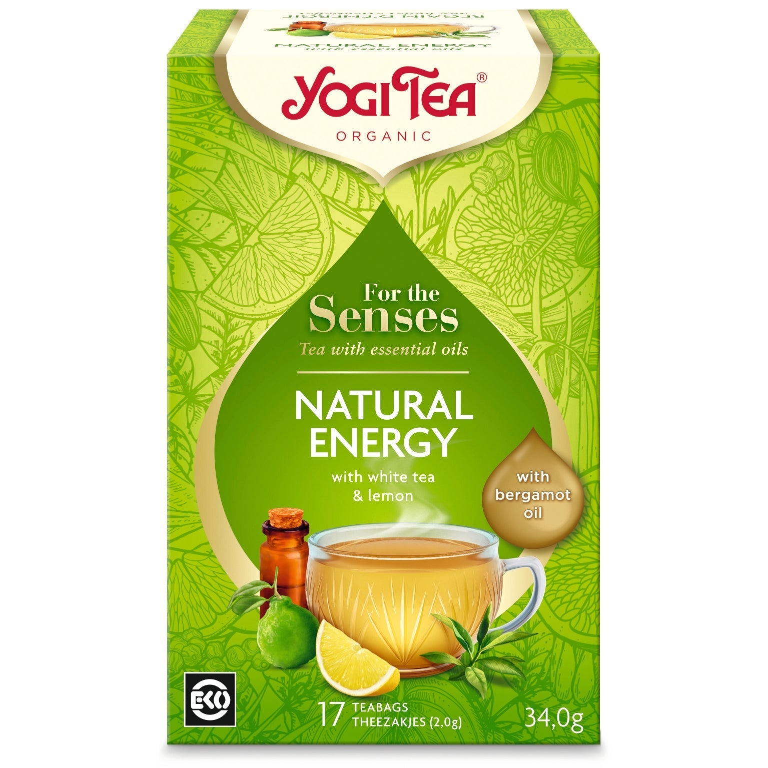 Yogi Natural Energy Organic Tea โ front view of box with lemon and bergamot imagery