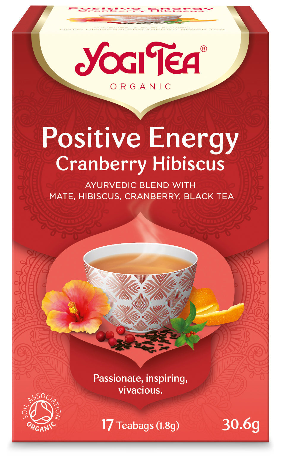 Yogi Positive Energy Cranberry Hibiscus Tea โ front view of box