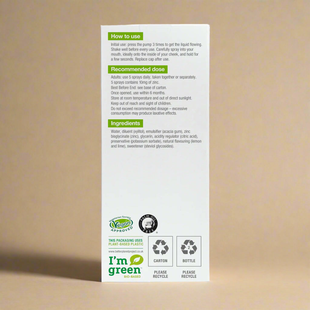 Vegan-friendly zinc oral spray with natural lemon and lime flavour