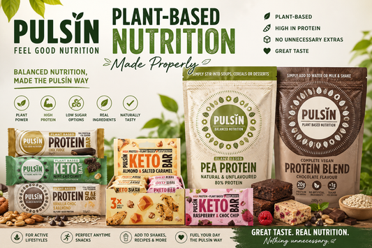 Pulsin plant-based nutrition range featuring protein bars, keto bars, vegan protein powders and high-protein snacks available in Ireland