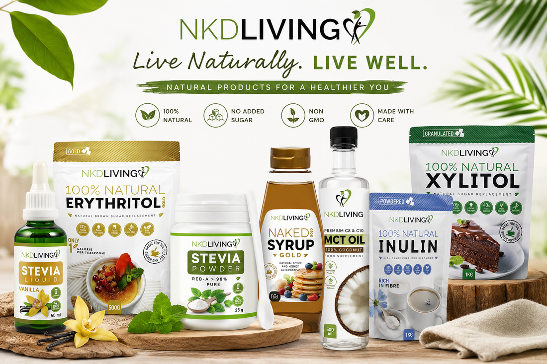 NKD Living natural sugar alternatives and wellness kitchen essentials including stevia, erythritol, xylitol, inulin powder, syrup and MCT oil available in Ireland