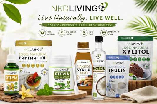 NKD Living natural sugar alternatives and wellness kitchen essentials including stevia, erythritol, xylitol, inulin powder, syrup and MCT oil available in Ireland