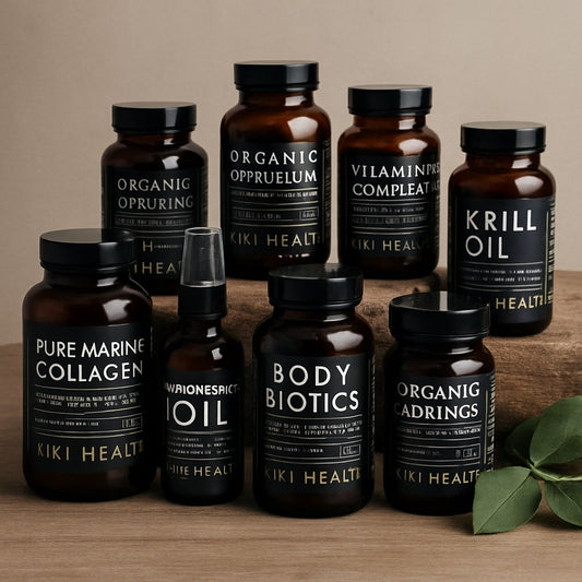 "KIKI Health organic supplements displayed on a rustic wooden surface – including Body Biotics, Marine Collagen, Magnesium Oil, and Moringa – photographed in natural light for Irish Health Store blog"