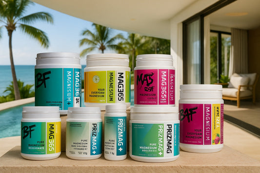 A premium selection of MAG365, PrizMAG, and MAGduo magnesium supplements displayed in a luxury beach villa setting