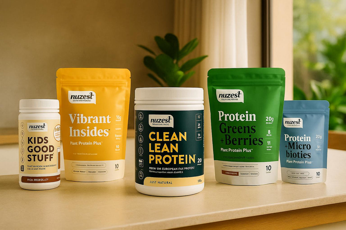 A sleek high-end product banner featuring five Nuzest Clean Lean Protein and functional blends, positioned in a stylish, well-lit setting to reflect a modern and health-conscious aesthetic.