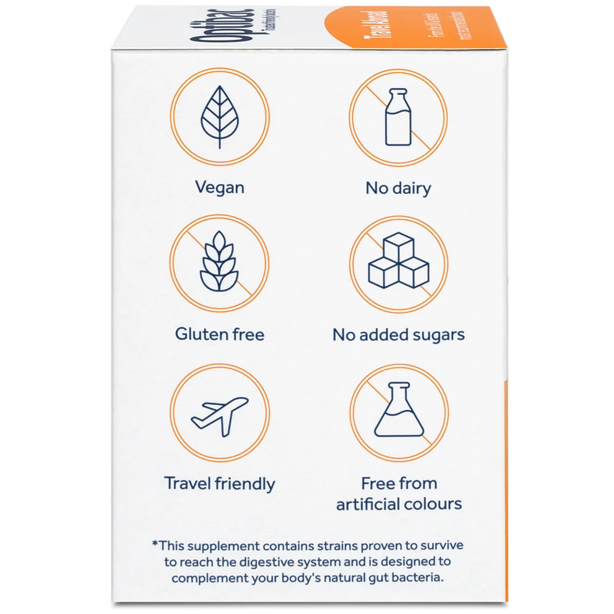 Supplement packaging with icons and text indicating dietary restrictions and features on a white background.