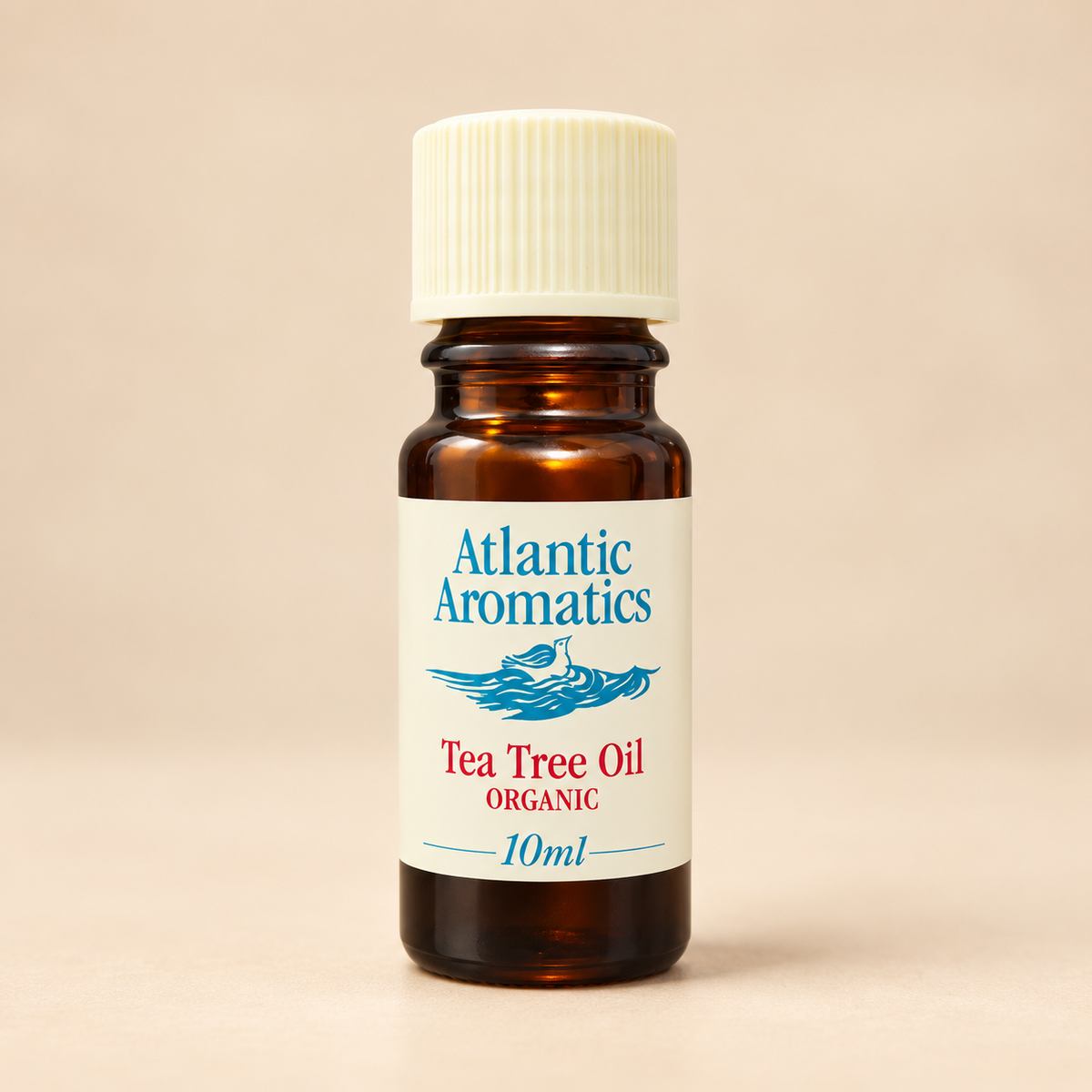 Atlantic Aromatics Organic Tea Tree Oil – individual 10ml bottle detail from 3-pack – front packaging