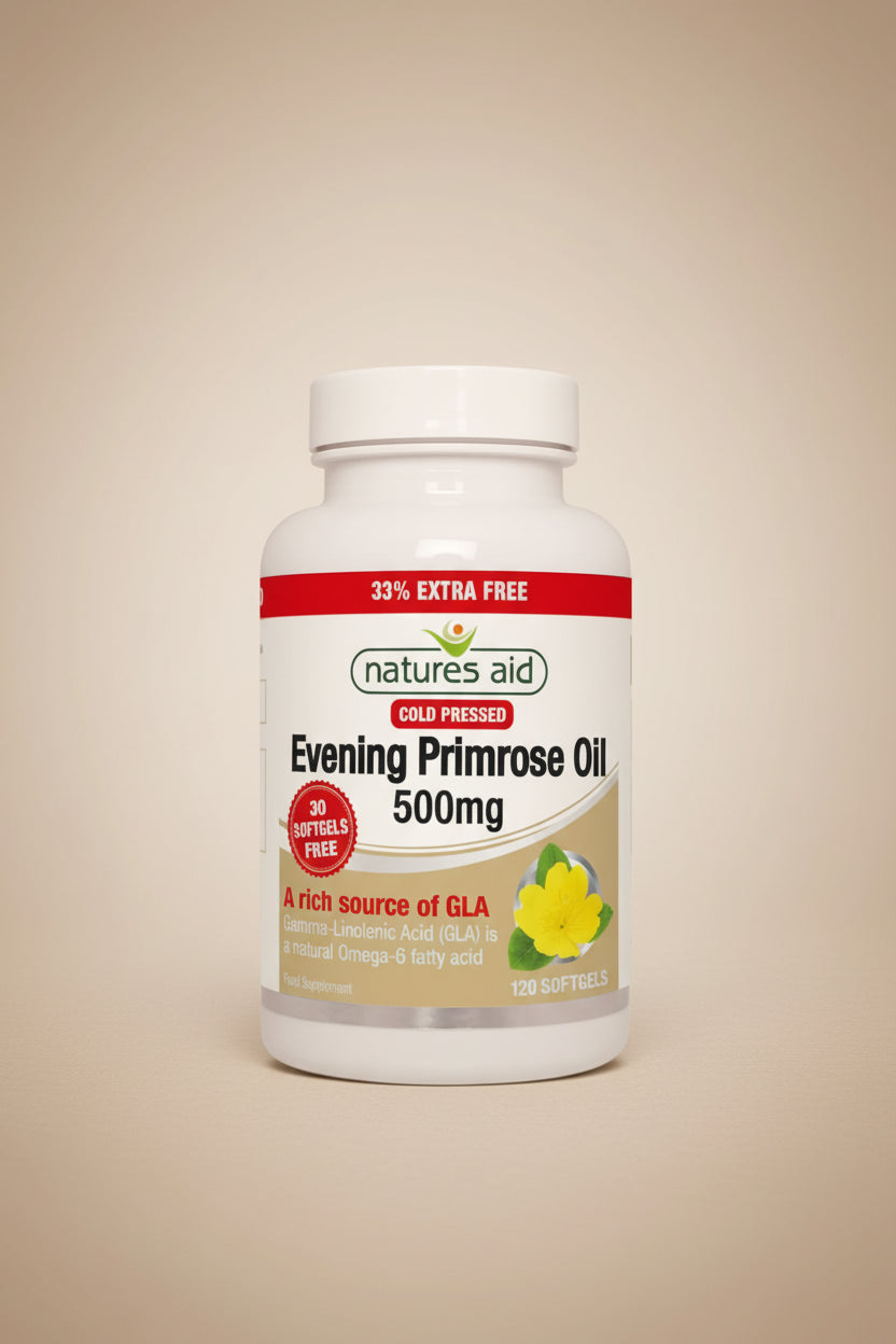 Natures Aid Evening Primrose Oil 500mg supplement bottle on a white background