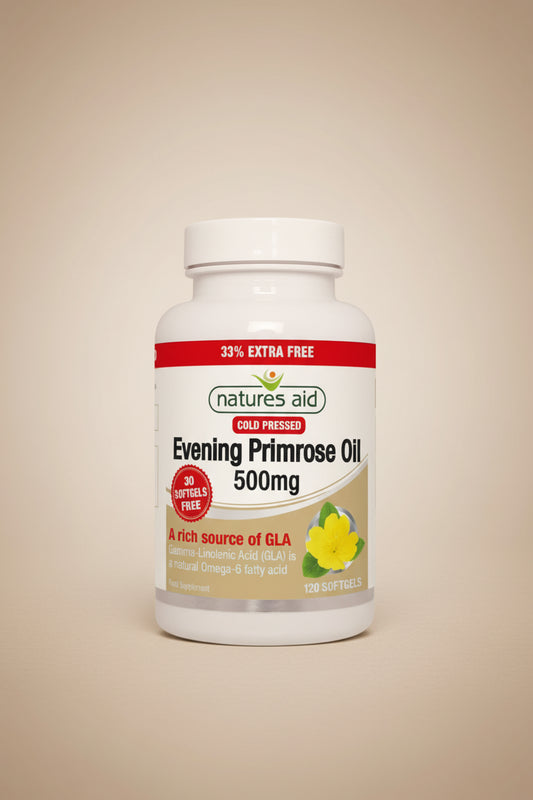 Natures Aid Evening Primrose Oil 500mg supplement bottle on a white background