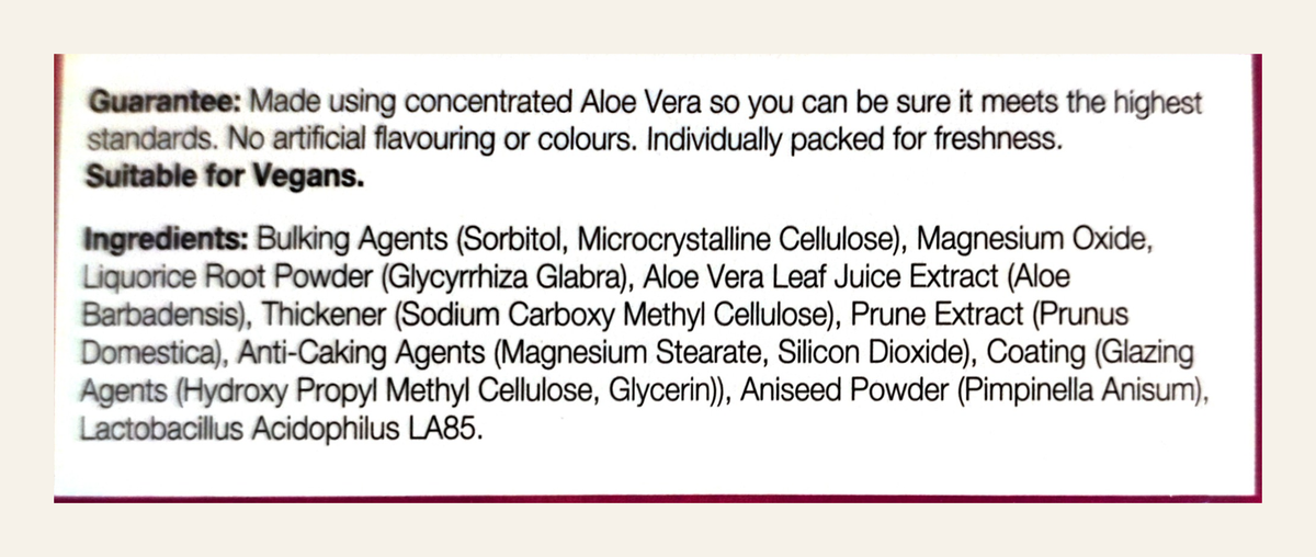 Aloe Pura Gentle Action Aloe Vera Complex – 60 Tablets – ingredients and suitability panel