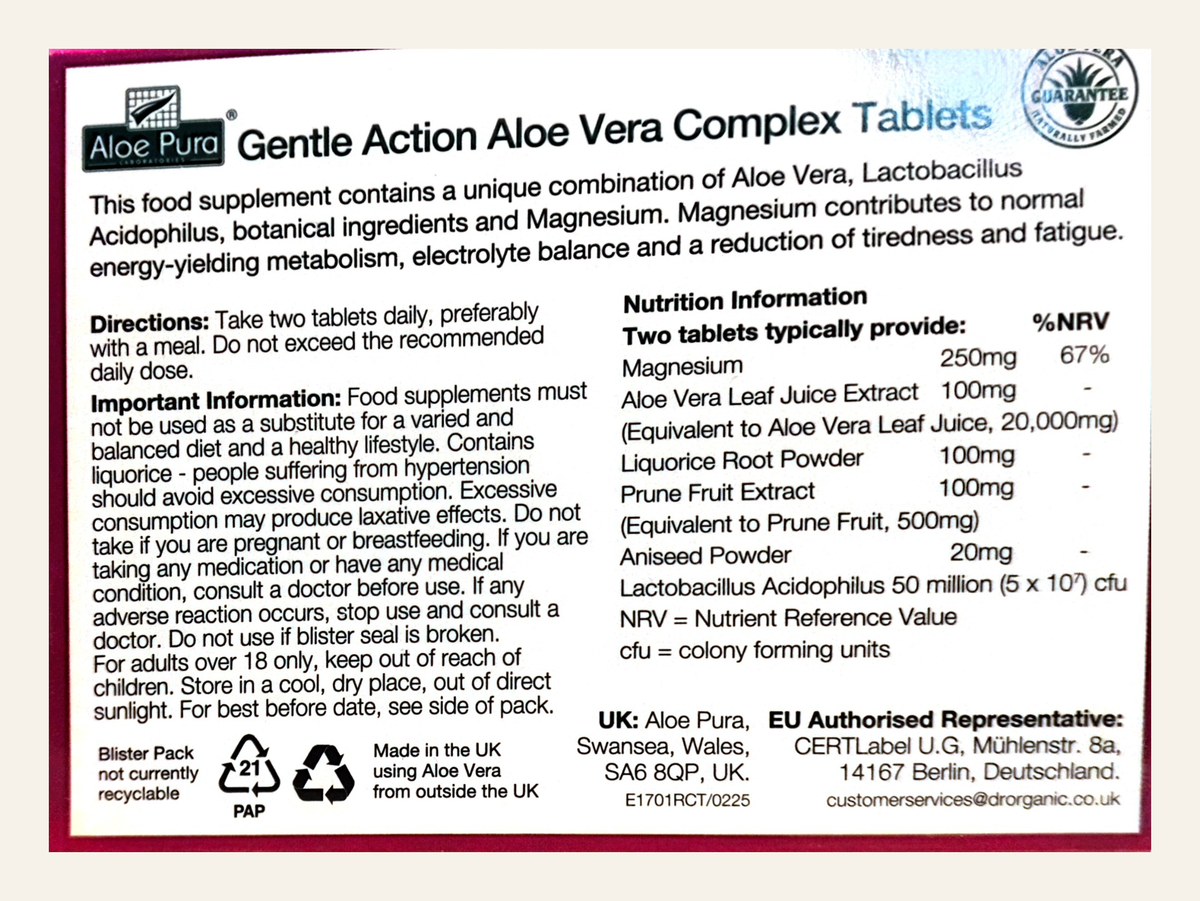 Aloe Pura Gentle Action Aloe Vera Complex – 60 Tablets – rear directions, warnings and amounts