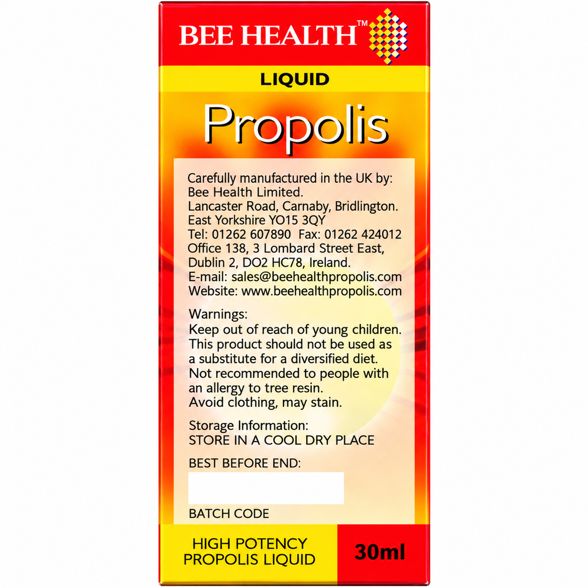 Bee Health Propolis Liquid 30ml – manufacturer and storage label detail