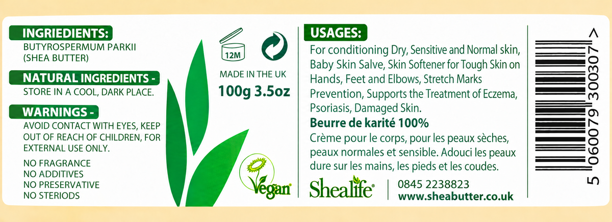 SheaLife Organic Unrefined Shea Butter 100g – complete rear label with ingredients, warnings and barcode