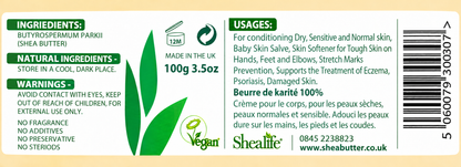 SheaLife Organic Unrefined Shea Butter 100g – complete rear label with ingredients, warnings and barcode