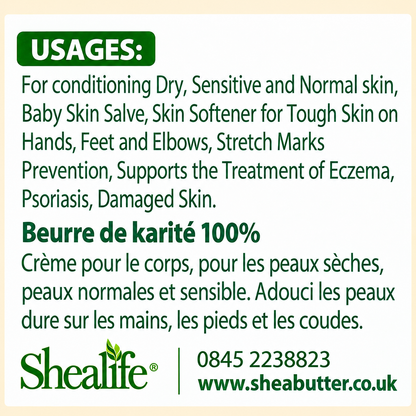 SheaLife Organic Unrefined Shea Butter 100g – original usage and manufacturer label detail