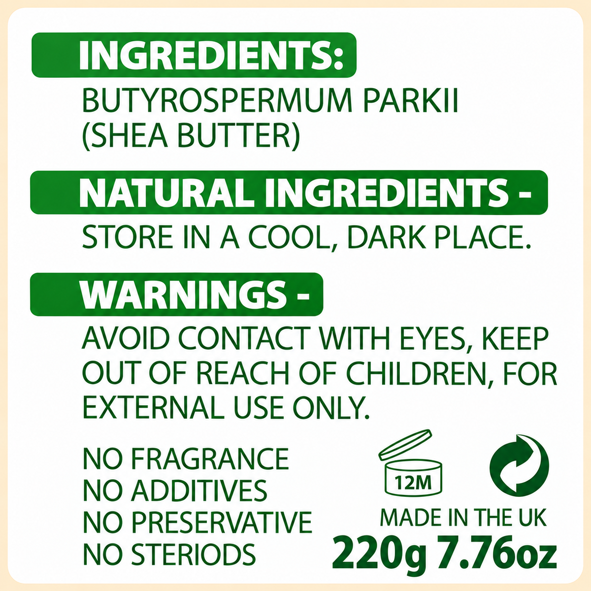 SheaLife Organic Unrefined Shea Butter 220g – ingredients, storage and warnings detail
