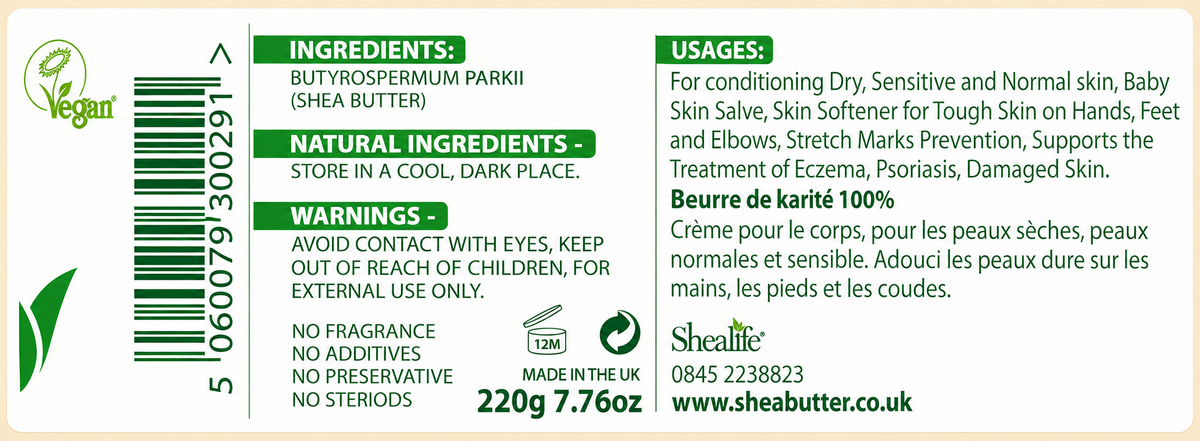 SheaLife Organic Unrefined Shea Butter 220g – complete rear ingredients, use and safety label