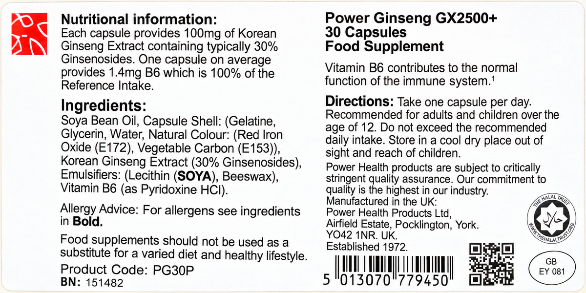 Power Health Korean Ginseng GX2500+ – 30 Capsules — combined packaging label with ingredients, directions and product details