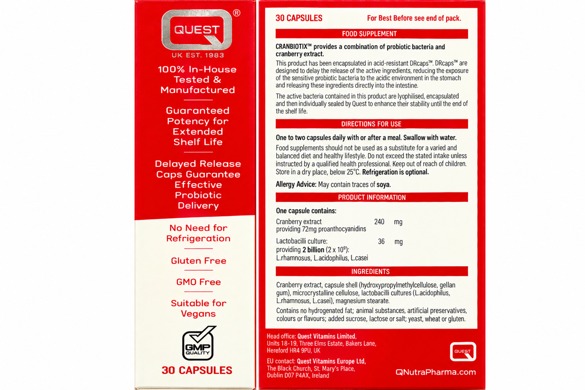 Quest CranBiotix – 30 Capsules — combined packaging label with ingredients, directions and product details