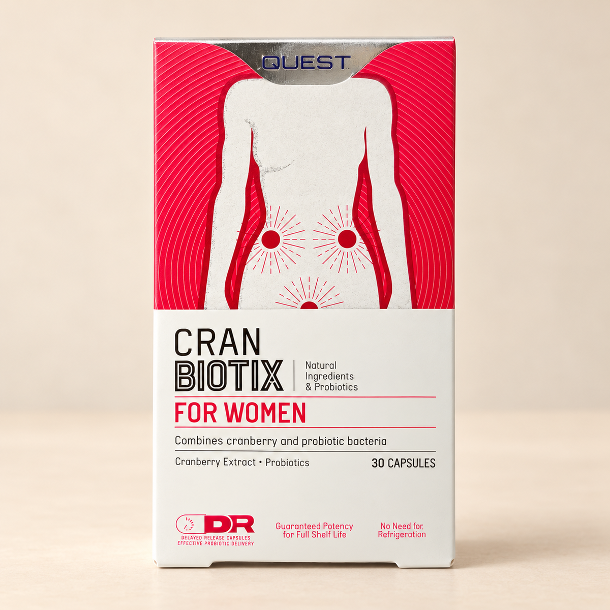 Quest CranBiotix – 30 Capsules — current packaging on warm cream background